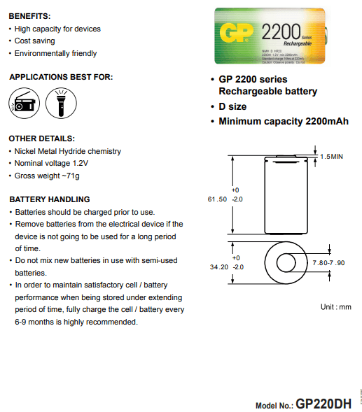 Pila Recargable NiMh 1.2Vdc 2200mA GP220DH TIPOD